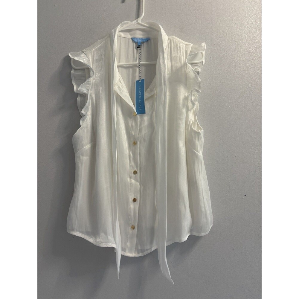 Draper James Women's White Gold Metallic Dot Ruffle Chiffon Blouse L